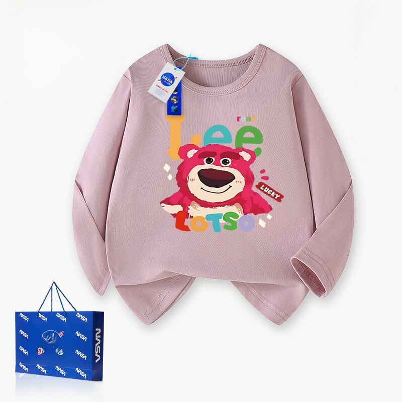 NASA Collaborative Strawberry Bear Long Sleeve T-Shirt for Boys And Girls Spring Autumn Base Shirt Breathable Cotton Polyester Blend