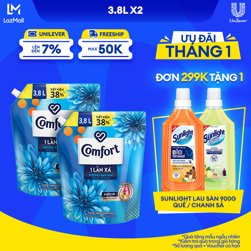 Combo 2 Túi Nước Xả Vải Comfort Đậm Đặc Một Lần Xả Hương Ban Mai 3.8L