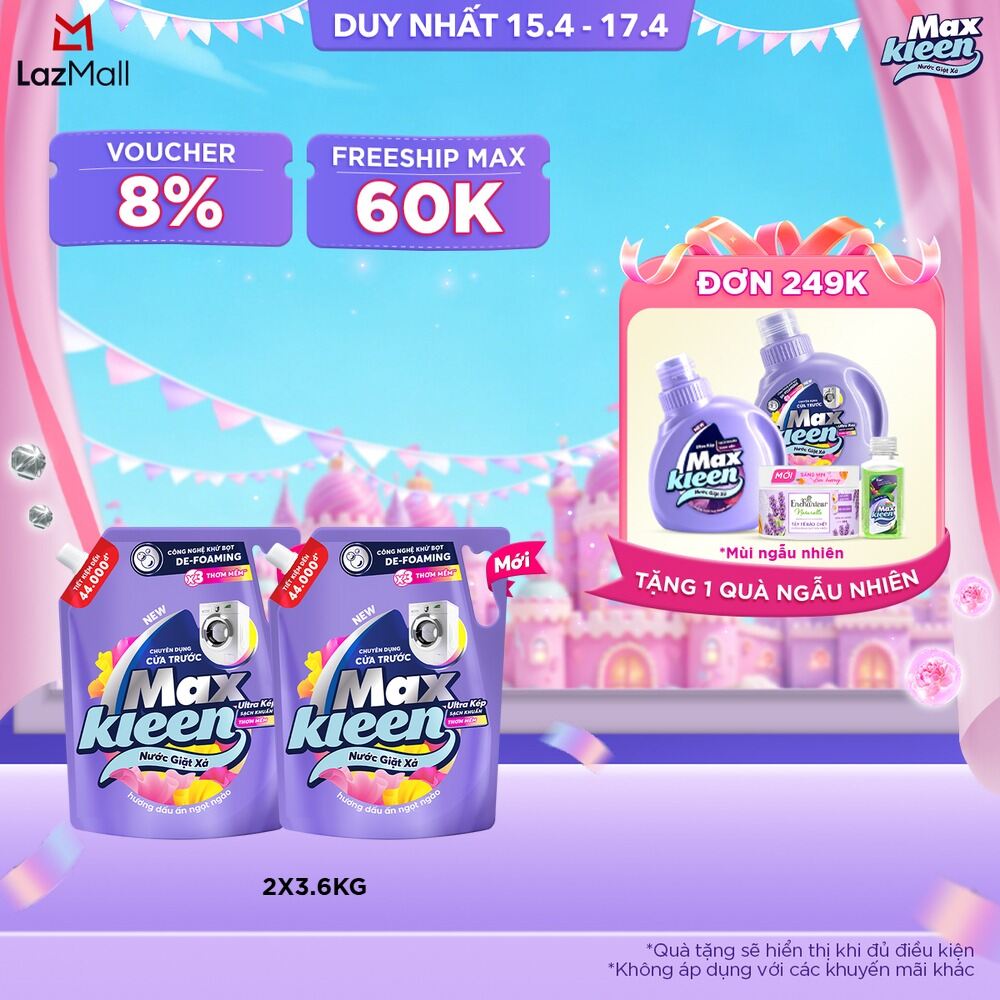 Combo 2 Nước giặt cho máy giặt cửa trước MaxKleen hương Dấu Ấn Ngọt Ngào 3.6kg