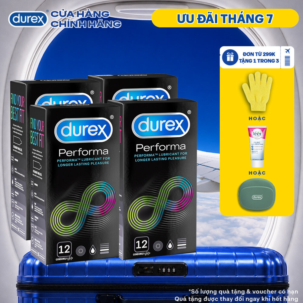 Bộ 4 hộp bao cao su Durex Performa kéo dài thời gian, size 52mm, 12 bao/hộp