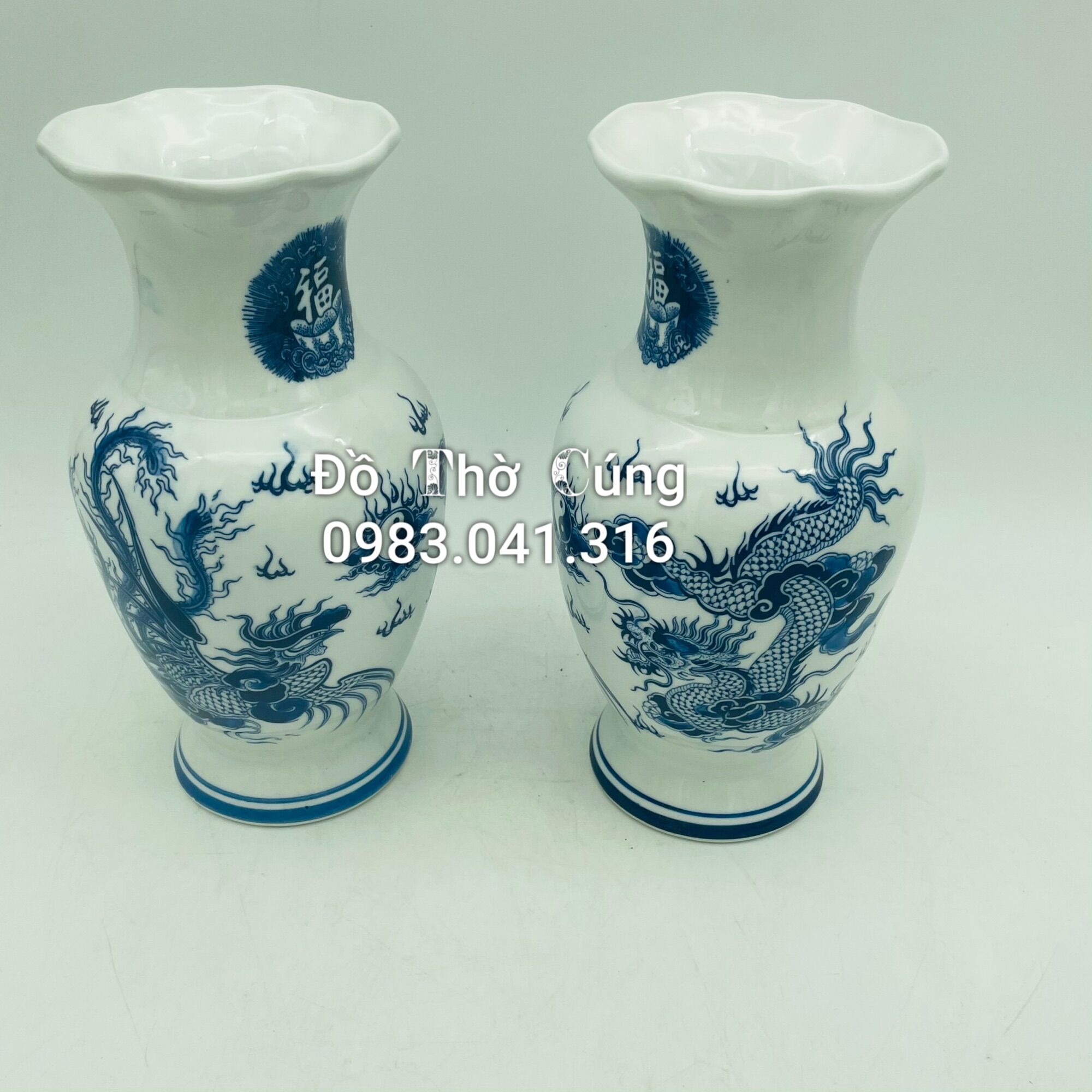 Lọ cắm hoa thờ miệng lượn men lam