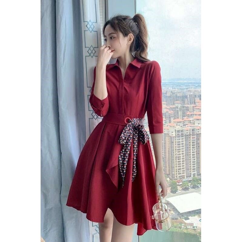 Đầm sơ mi đỏ kèm thắt eo sang trọng tinh tế