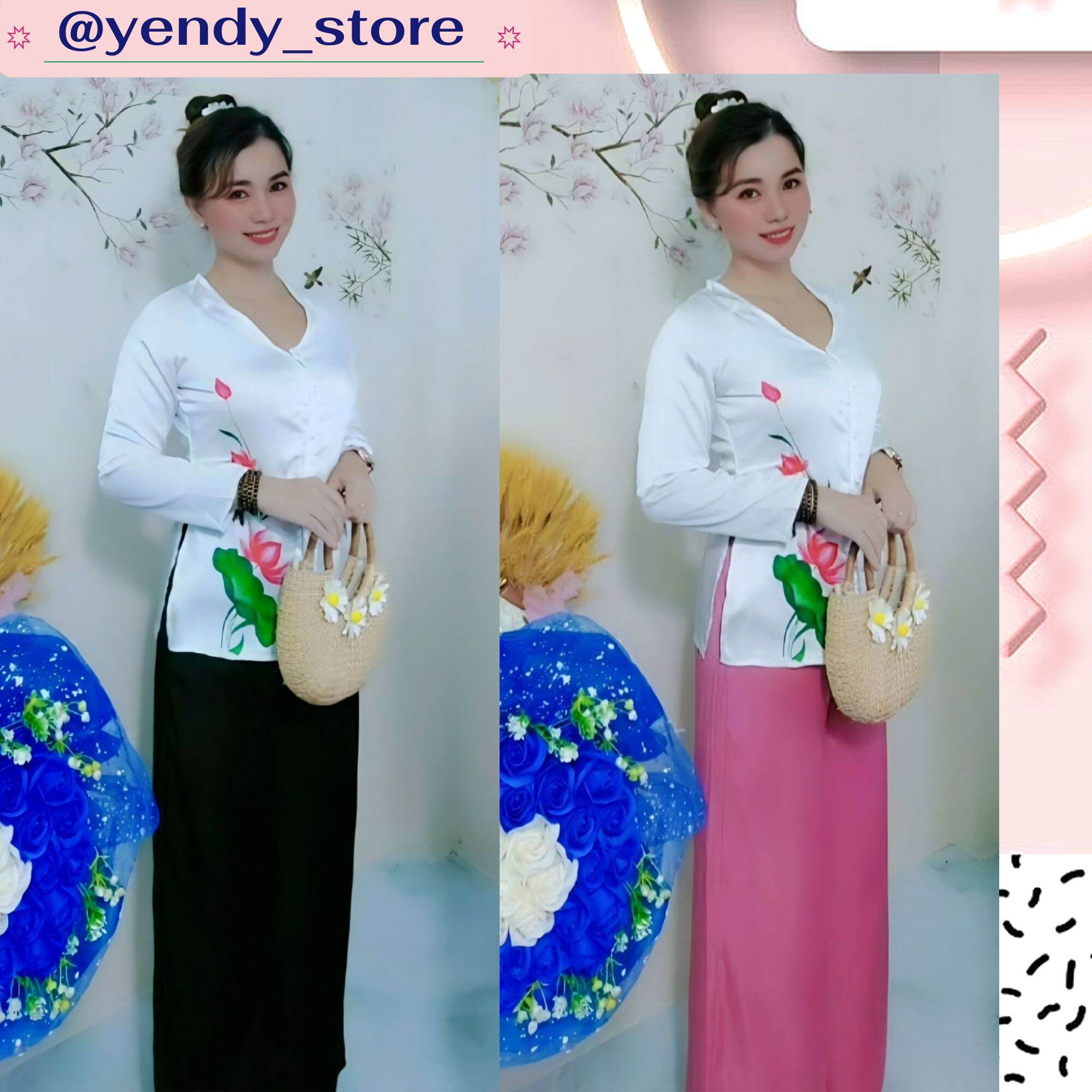 Bộ bà ba hoa sen lụa ngọc trai, phối quần lụa tằm cao cấp phom 42-58kg