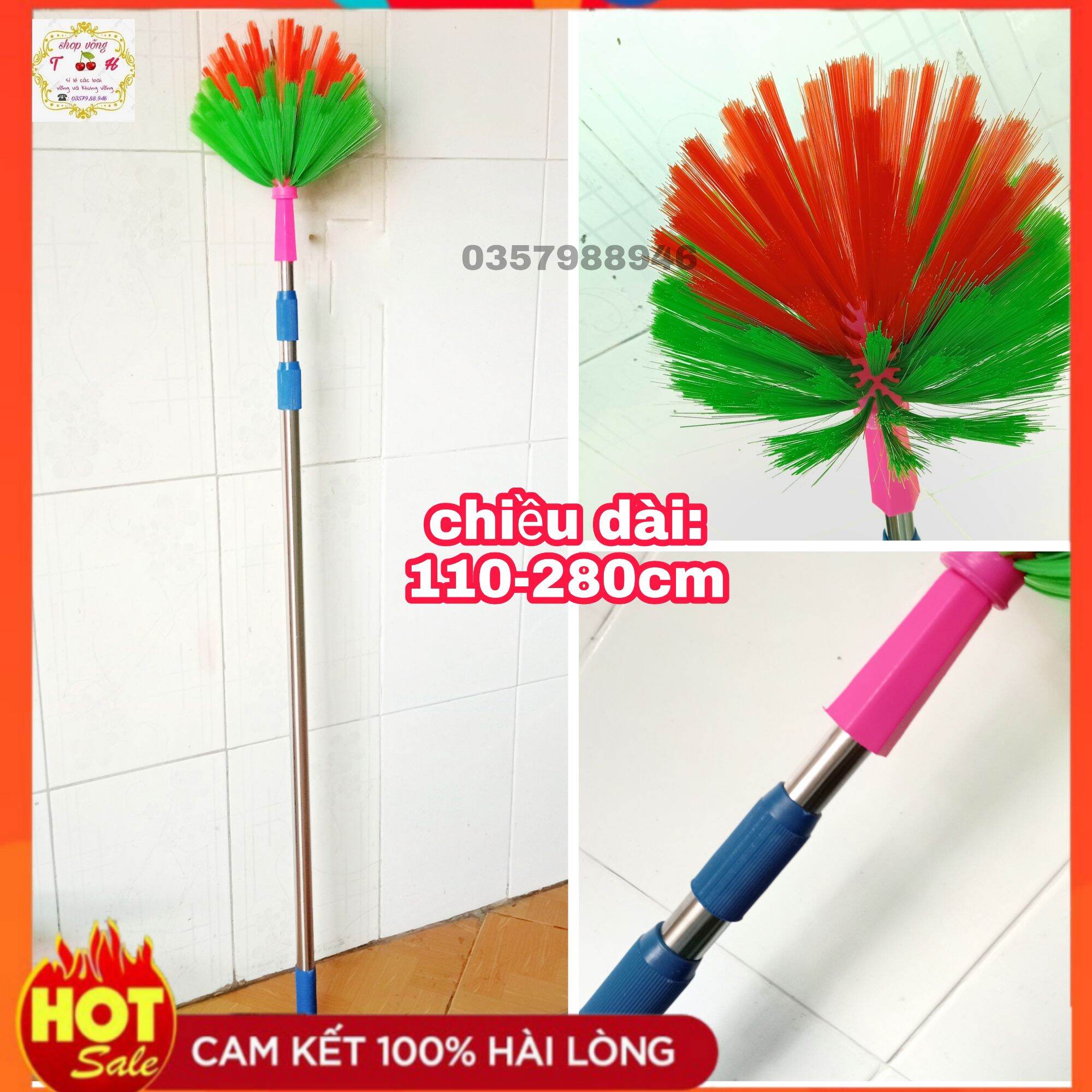 Chổi quét trần dài 3 mét thân inox, cây quét mạng nhện 2in1 cao cấp