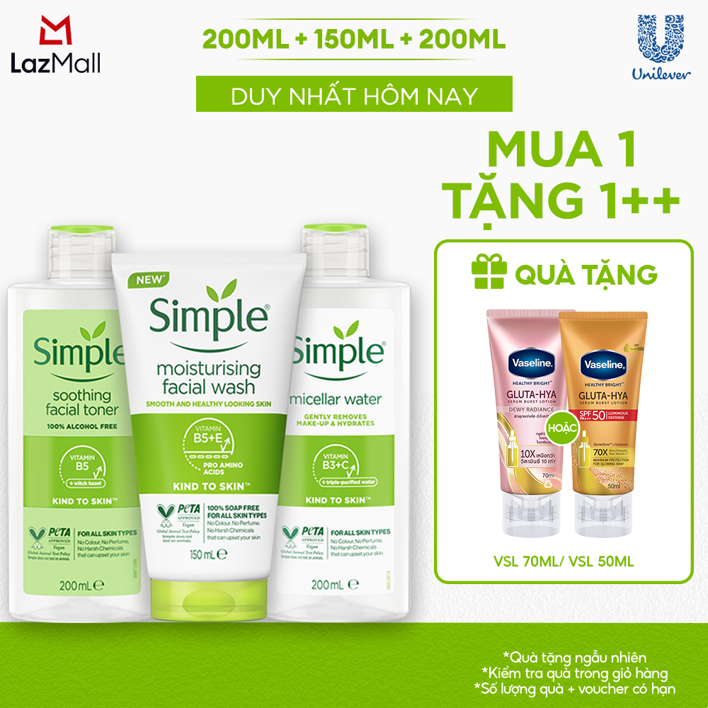 Combo Simple Tẩy trang Micellar 200ml + Sữa rửa mặt 150ml + Nước hoa hồng Toner 200ml cho da ẩm mịn đàn hồi [CHÍNH HÃNG ĐỘC QUYỀN]