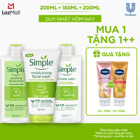 Combo Simple Tẩy trang Micellar 200ml + Sữa rửa mặt 150ml + Nước hoa hồng Toner 200ml cho da ẩm mịn đàn hồi [CHÍNH HÃNG ĐỘC QUYỀN]