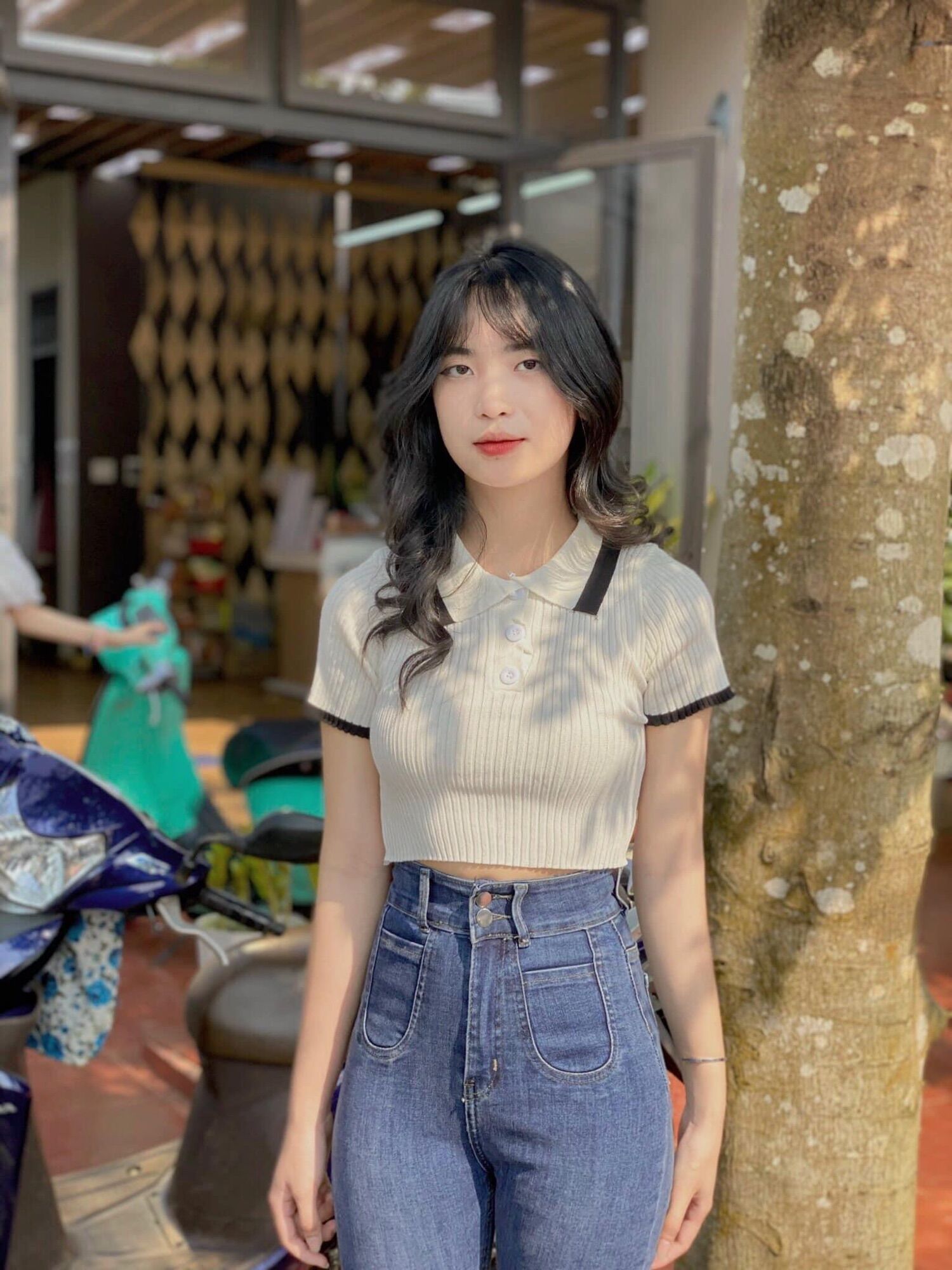 Áo croptop petter gài nút phối viền
