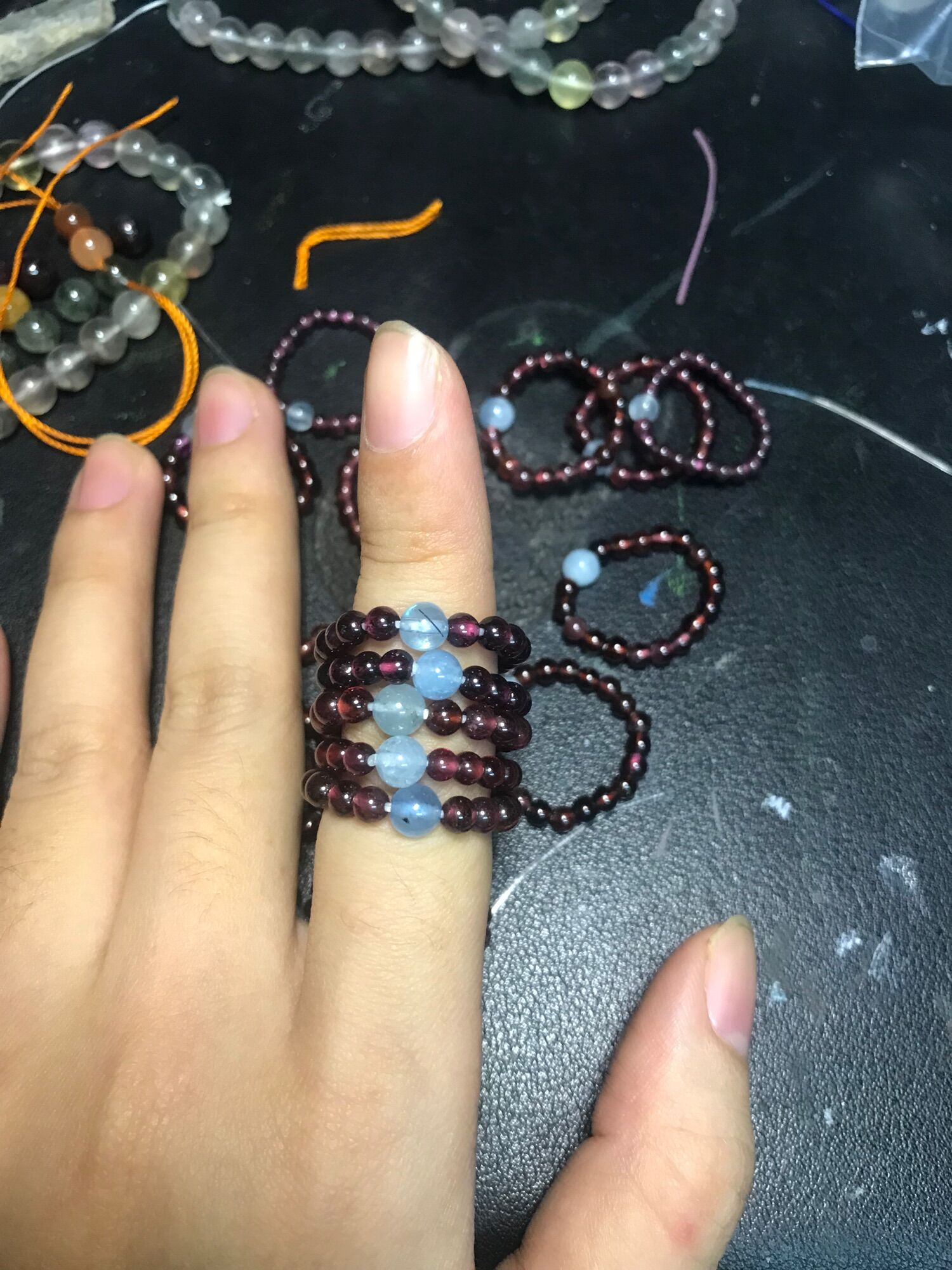 Nhẫn hạt đá Garnet mix Aquamarine