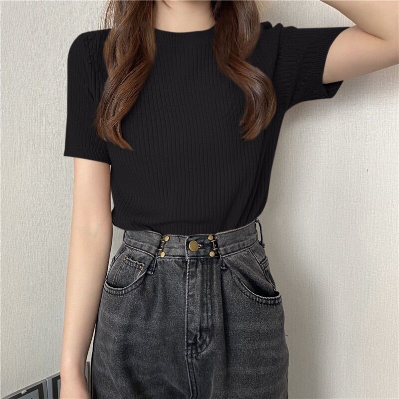 Áo len tăm trơn cộc tay cổ tròn basic dáng ôm - Lumii