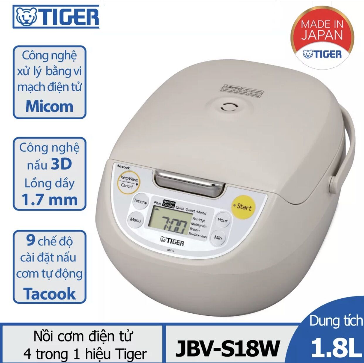 Nồi cơm điện tử tiger 1.8 lít jbv-s18w - hàng chính hãng