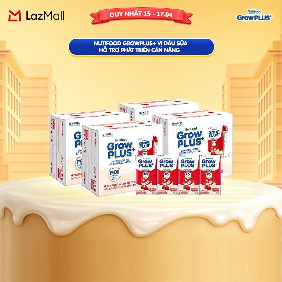 Combo 4 Thùng 24 hộp Sữa bột pha sẵn Nutifood GrowPLUS+ Vị Dâu Sữa hộp 110ml - Hỗ trợ phát triển cân nặng