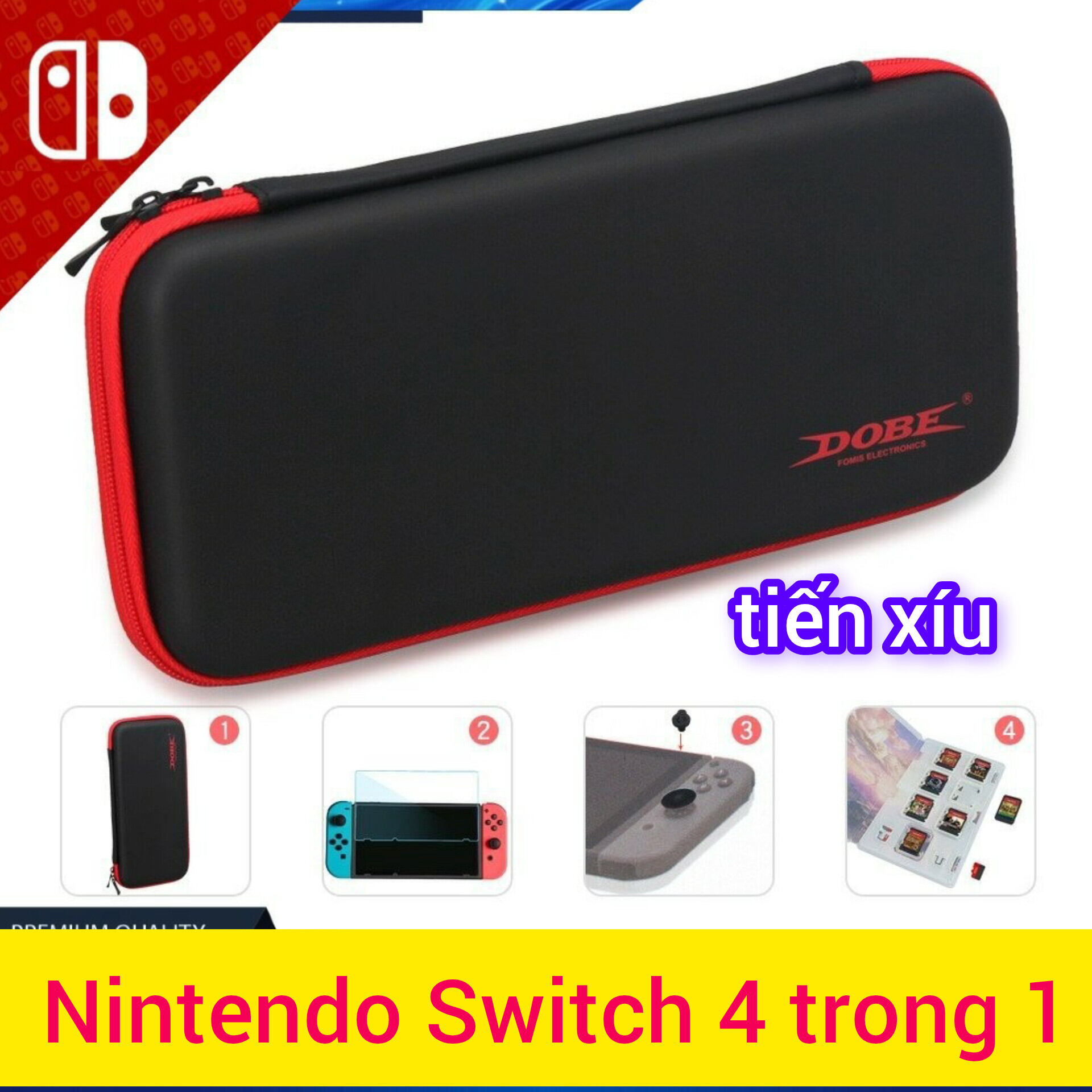 Bộ phụ kiện Nintendo Switch kit 4 in 1 :hộp đựng máy , dán cường lực màn hình, hộp đựng game, kit lọc bụi.dock Túi đựng dành cho máy nintendo switch v1 v2