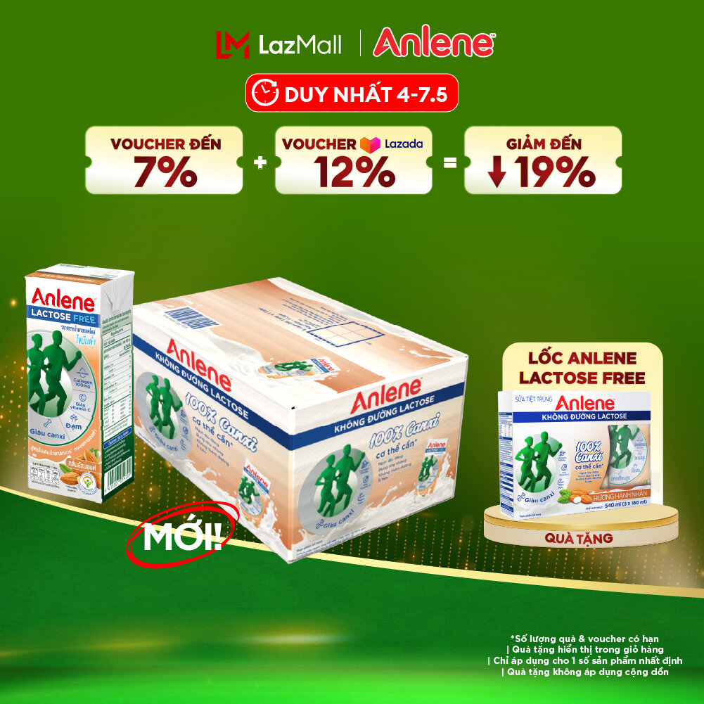 Thùng 18 hộp sữa Anlene không đường Lactose vị hạnh nhân 180ml