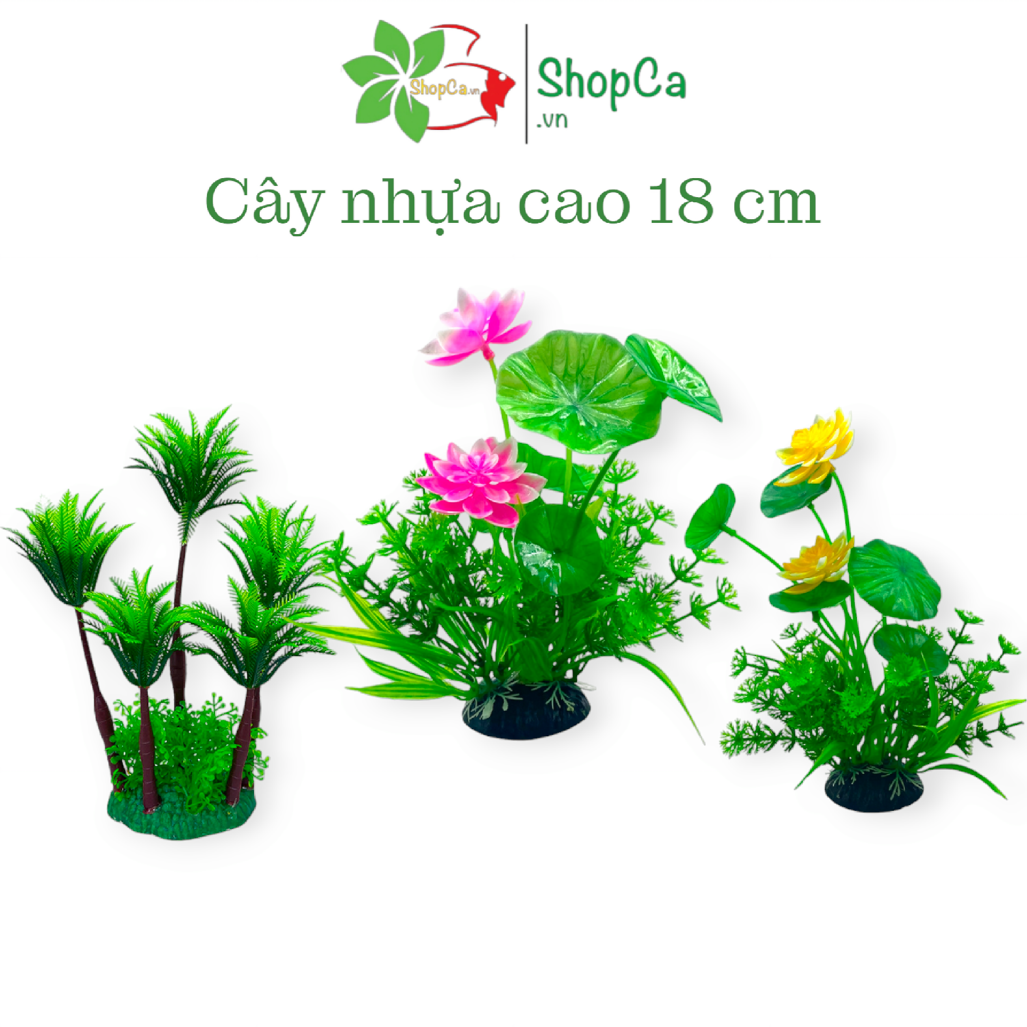 Mô hình cây sen nhựa, cây dừa, cây rong trang trí bể cá cảnh, bể thủy sinh