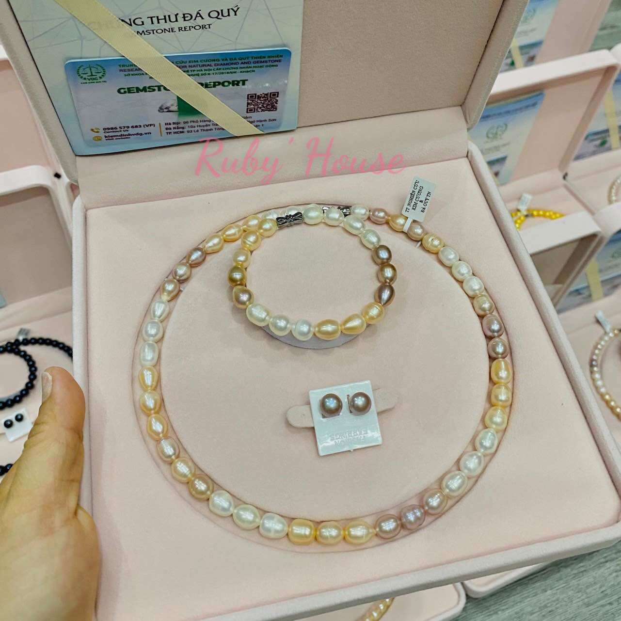 Bộ trang sức ngọc trai nuôi nước ngọt tự nhiên, hạt bầu dục màu Tứ quý