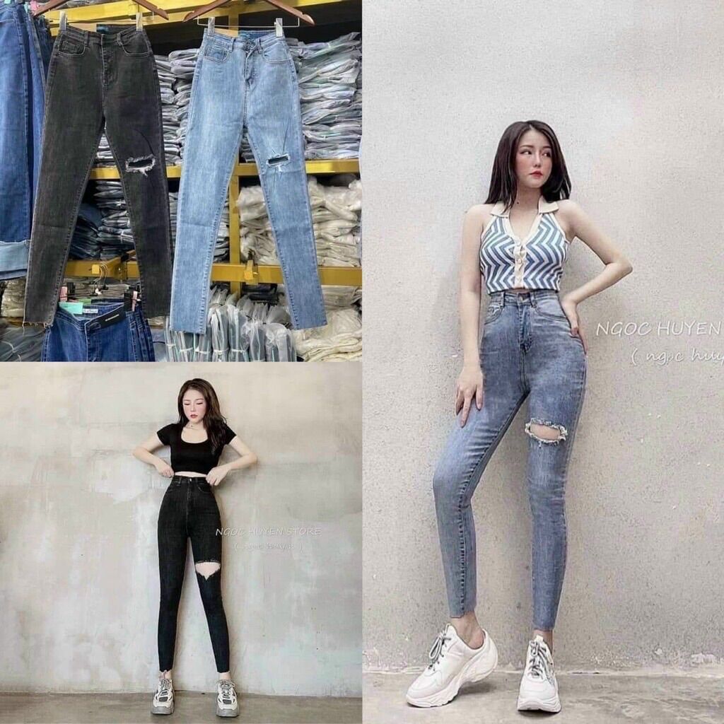 quần cạp cao chất denim co giãn rách