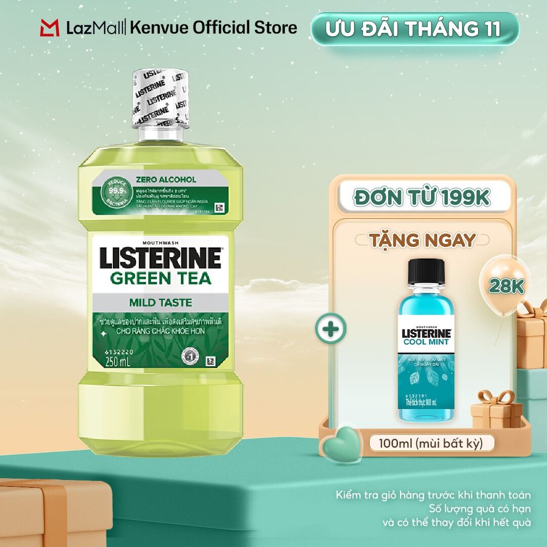 Nước Súc Miệng Ngừa Sâu Răng Vị Trà Xanh Không Cay Listerine Green Tea Zero Alcohol - Dung tích 250m