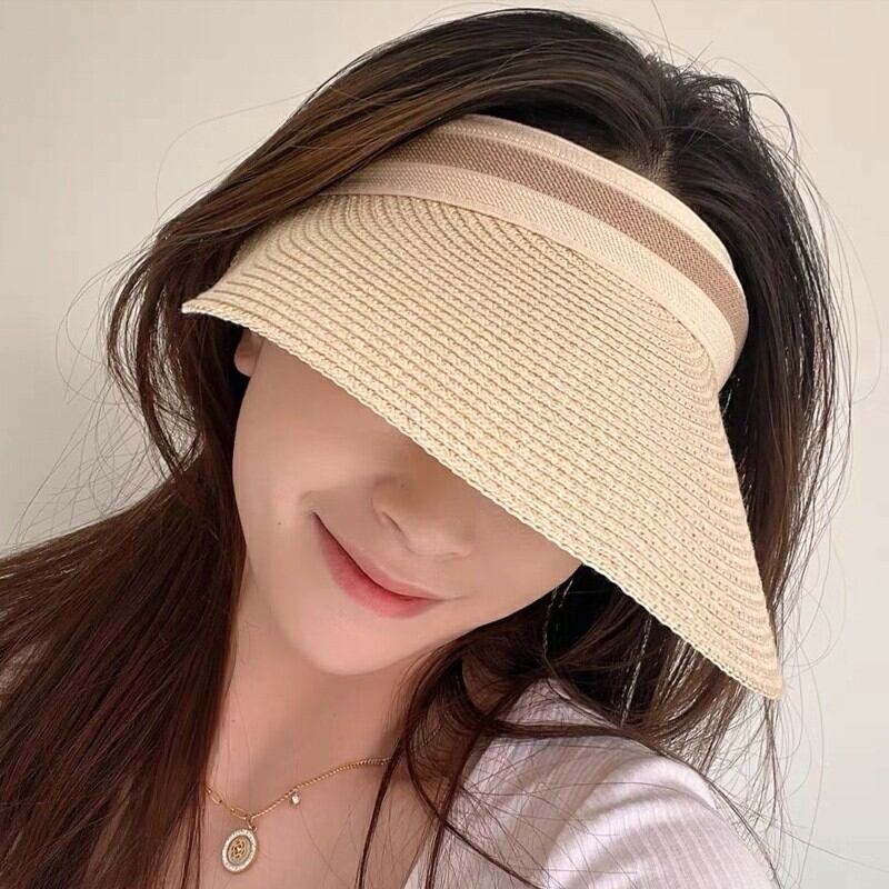 Mũ che nắng ngọc trai đan cói bờm tóc mũ cói hở chóp kẹp tóc mùa hè cho nữ mũ che nắng chống nắng che mặt không chóp mũ đi biển