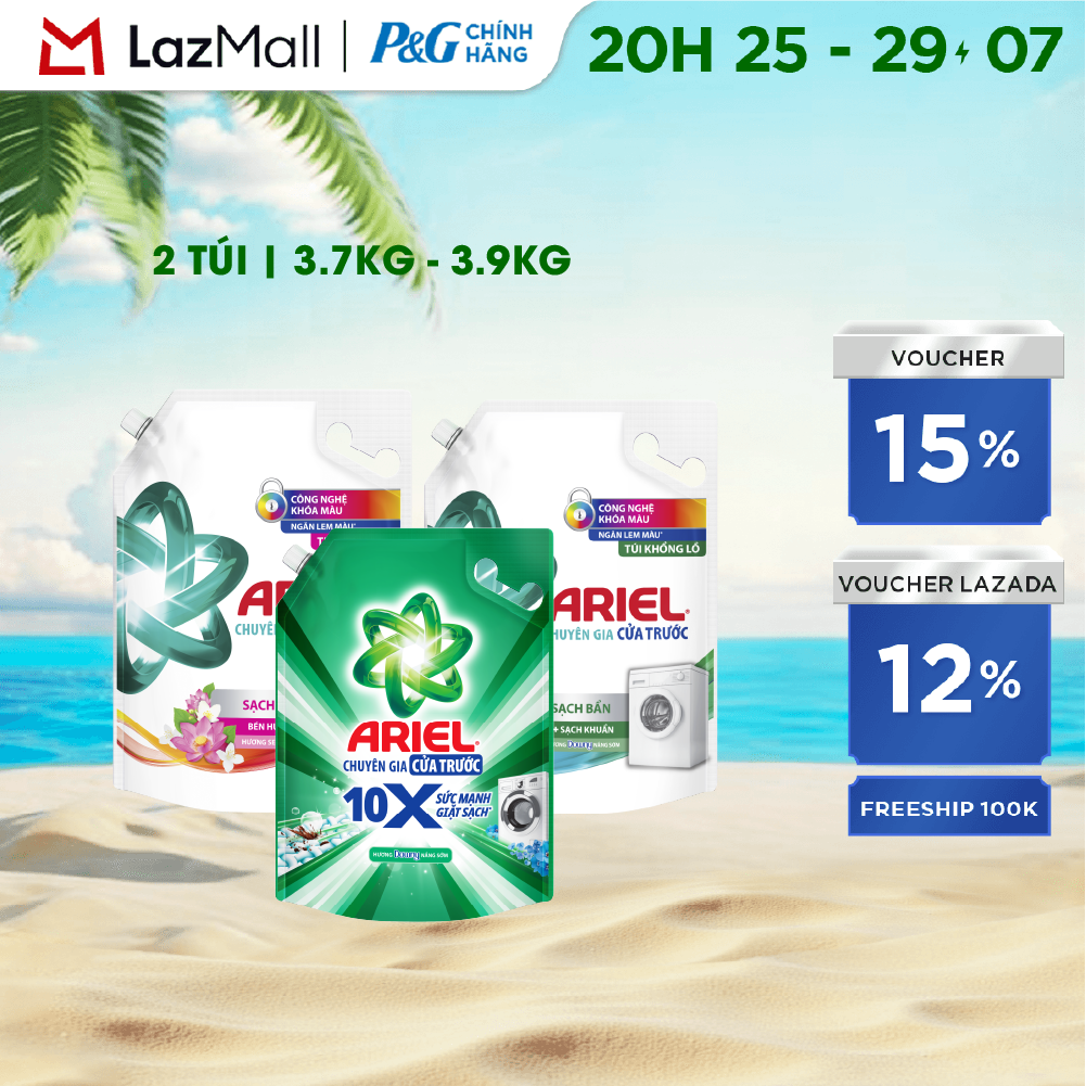 Combo 2 Nước Giặt Cửa Trước ARIEL Ngăn Lem Màu, Quần Áo Siêu Thơm Hương Downy Nắng Sớm/ Hương Sen Nhài/ Oải Hương Túi 3.9KG/ 3.7KG