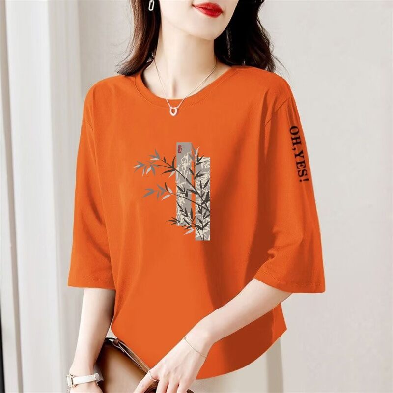 Áo Thun Tay Lửng in Họa Tiết Phong Cách Trung Hoa Rộng Rãi Cho Phụ Nữ Trung Niên Và Cao Tuổi Mùa Hè Thường Ngày