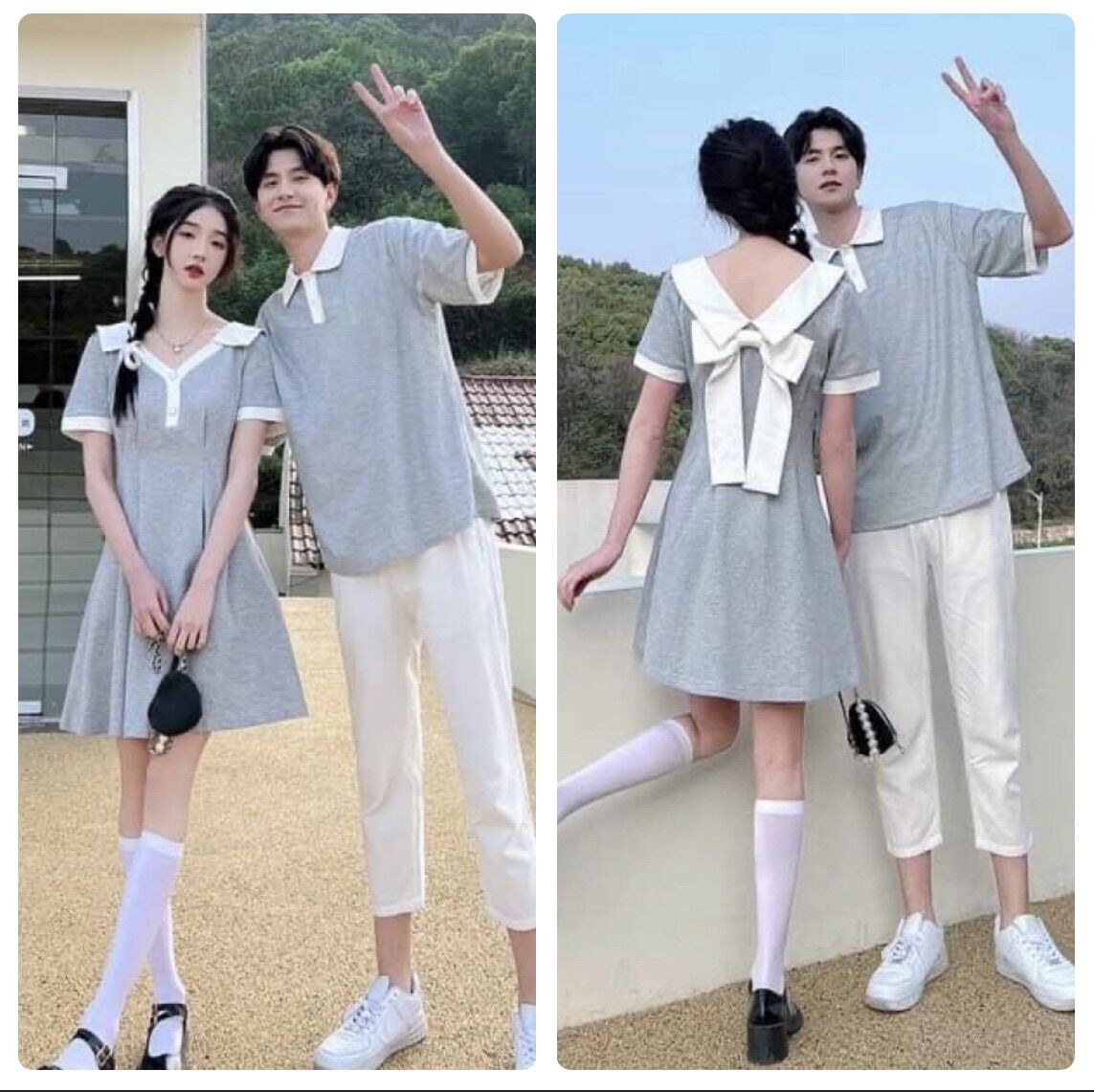 Set đồ đôi màu xám phối nơ trắng sau lưng dễ thương