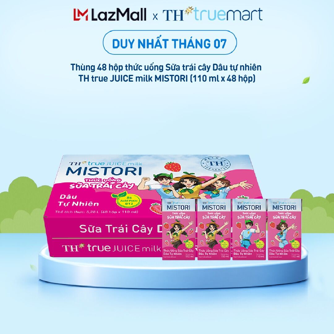 Thùng 48 hộp thức uống Sữa trái cây TH true JUICE milk MISTORI Dâu tự nhiên 110 ml x 48 hộp