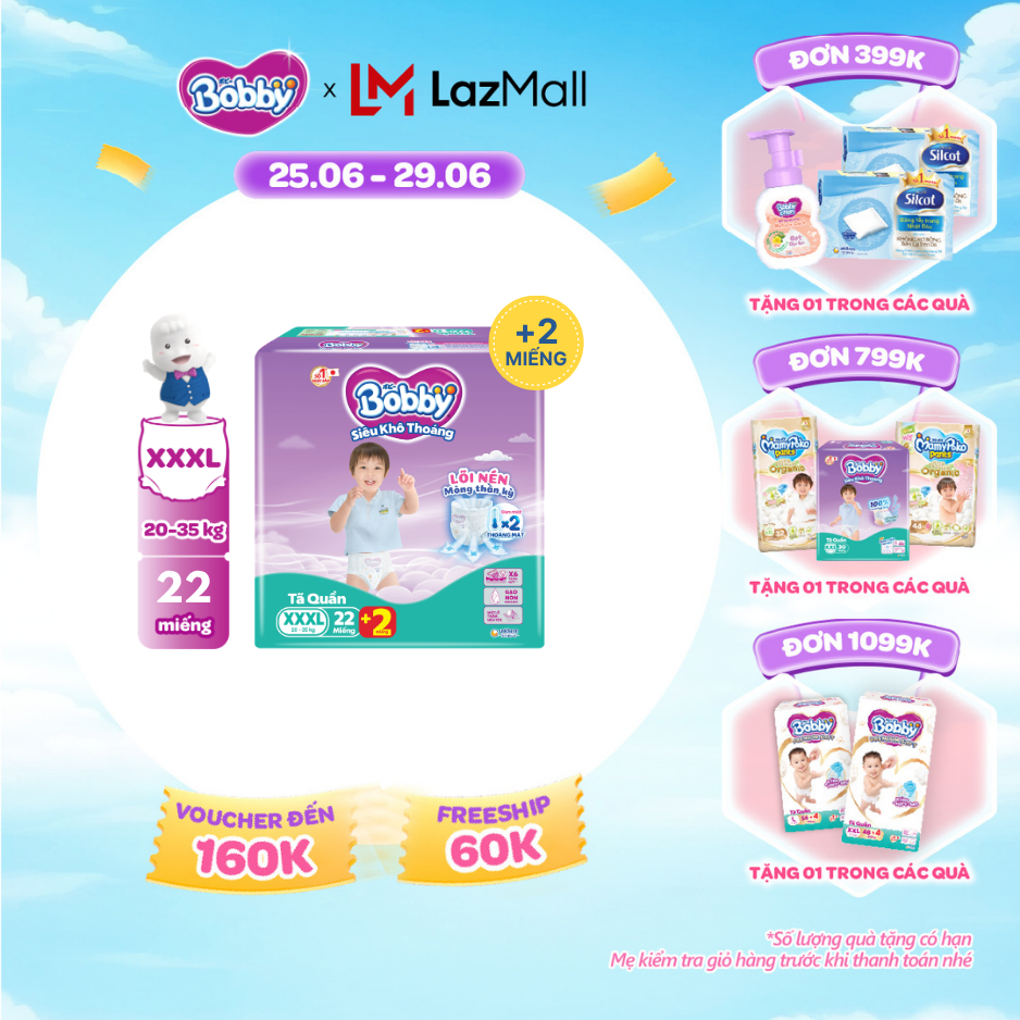 [SALE CUỐI THÁNG tặng QUÀ TO-SLCH][Số miếng tặng thay đổi tùy đợt nhập hàng] Tã/bỉm quần Bobby 3mm Jumbo Siêu khô thoáng XXXL22