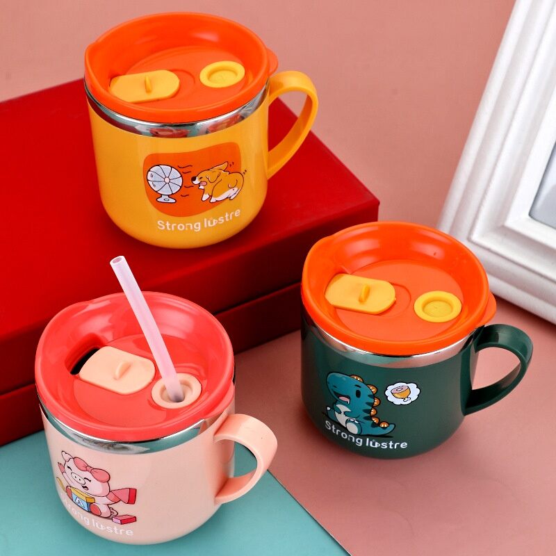 Cốc giữ nhiệt in hình thú, kèm ống hút cho bé