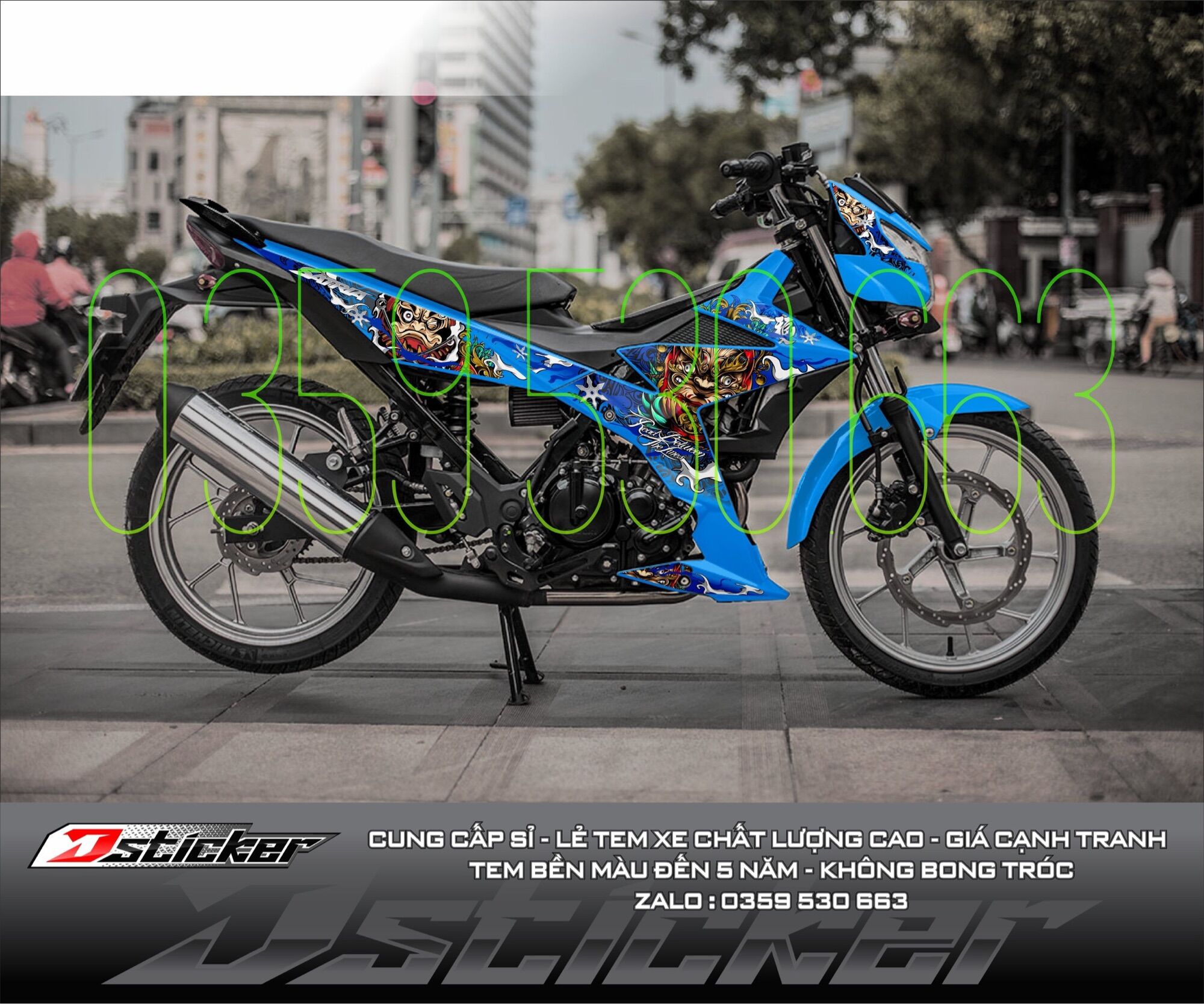 Tem rời Daruma dán xe Satria xanh Gp - cực ngầu