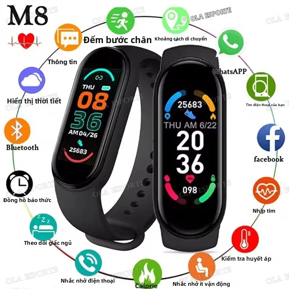 Đồng Hồ Thông Minh M8 Smart Band Unisex, Dây Đeo Silicon, Thiết Bị Theo Dõi Thể Dục Với Chức Năng Đo Nhịp Tim, Huyết Áp, Mặt Đồng Hồ Đa Dạng, Vòng Đeo Tay Thể Thao Dành Cho Nam Và Nữ