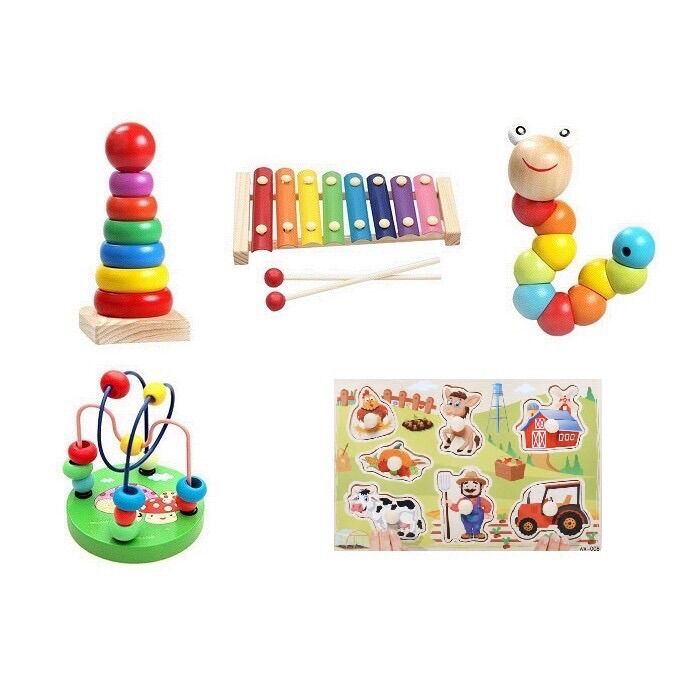 Combo 5 món đồ chơi gỗ phát triển tư duy-núm số-sâu gỗ-luồn hạt-đàn-cầu vồng nhỏ
