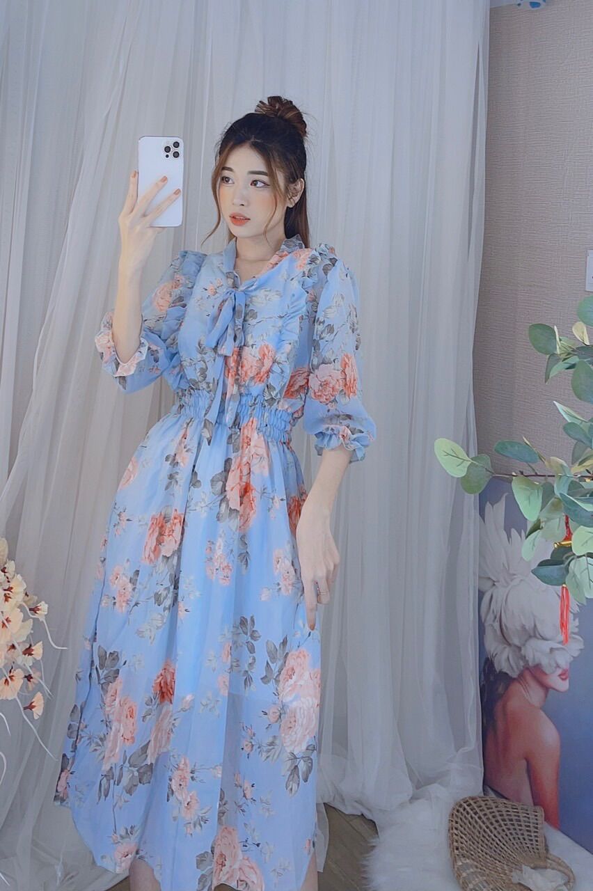 Đầm hoa viền bèo cột nơ siêu xinh - hình thật
