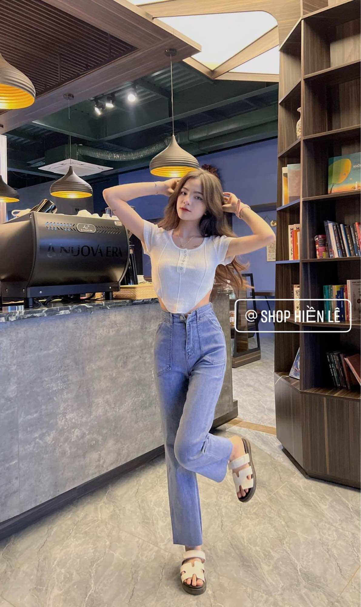 Set jeans dài ống đứng co giãn XN+ crop vạt nhọn chạy gân