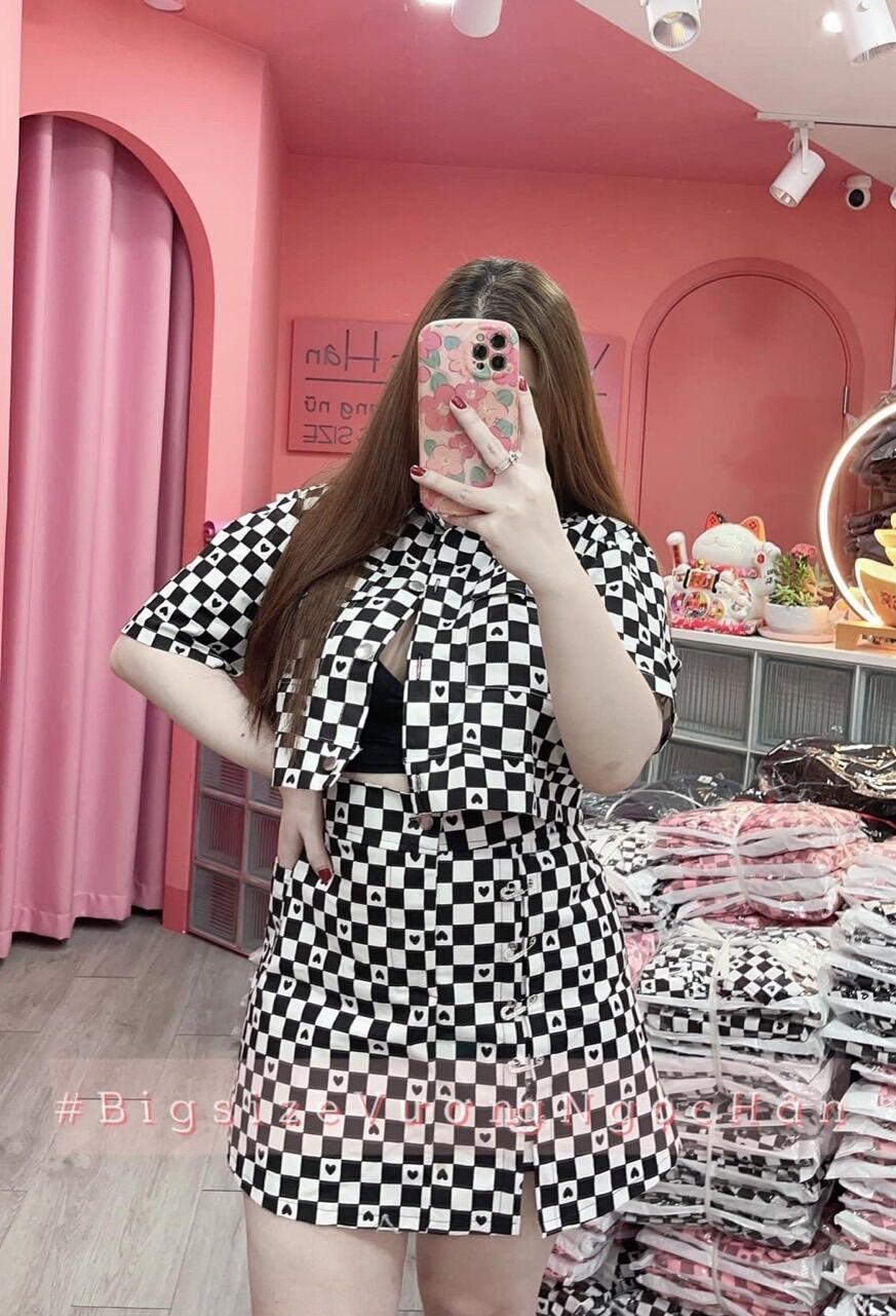 (SHOP BIGSIZE nữ 50kg đến 90kg) set áo túi nắp caro và chân váy