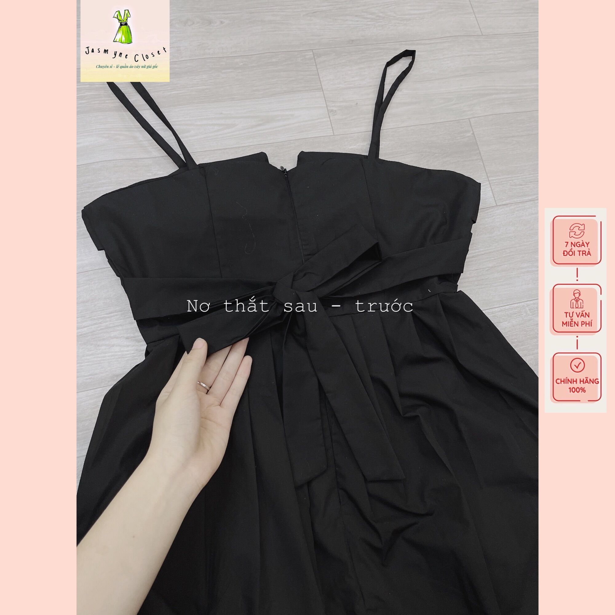 Váy 2 dây đen xòe thân cách điệu tiểu thư