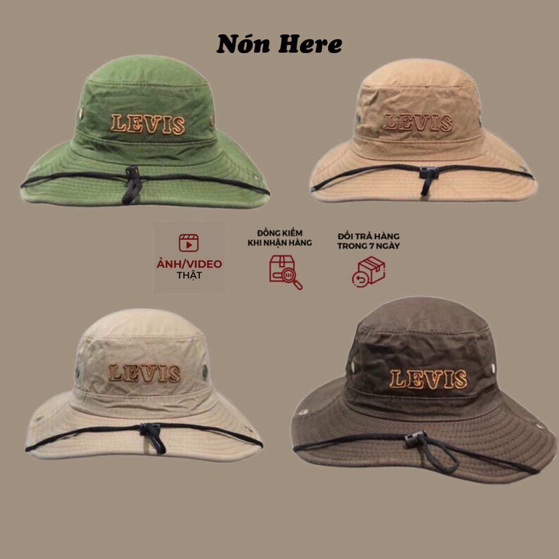 Mũ vành rộng tai bèo thêu chữ L E V I S - Mũ vành chống nắng