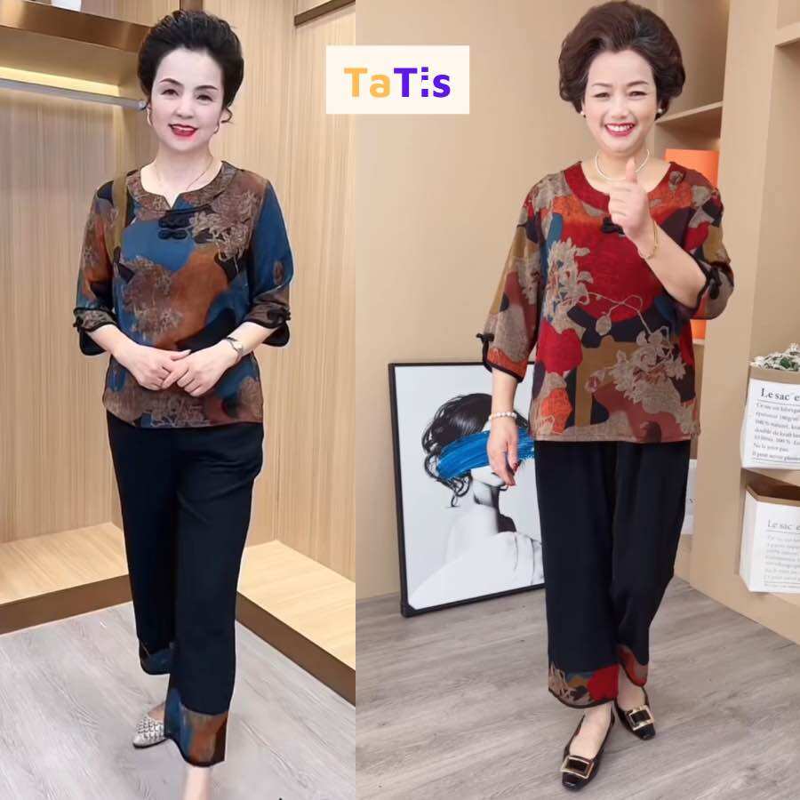 Đồ bộ trung niên cho mẹ và bà mặc nhà, đồ bộ nữ tay lỡ phối quần đen chất lụa mềm mát mã np02