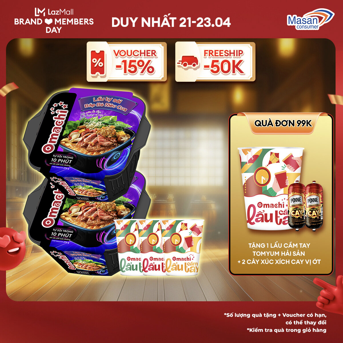 [15-17.4 Voucher 18% CHO ĐƠN TỪ 199k]Combo 2 Lẩu Tự Sôi + 3 Mì Omachi Lẩu Cầm Tay Mix Vị