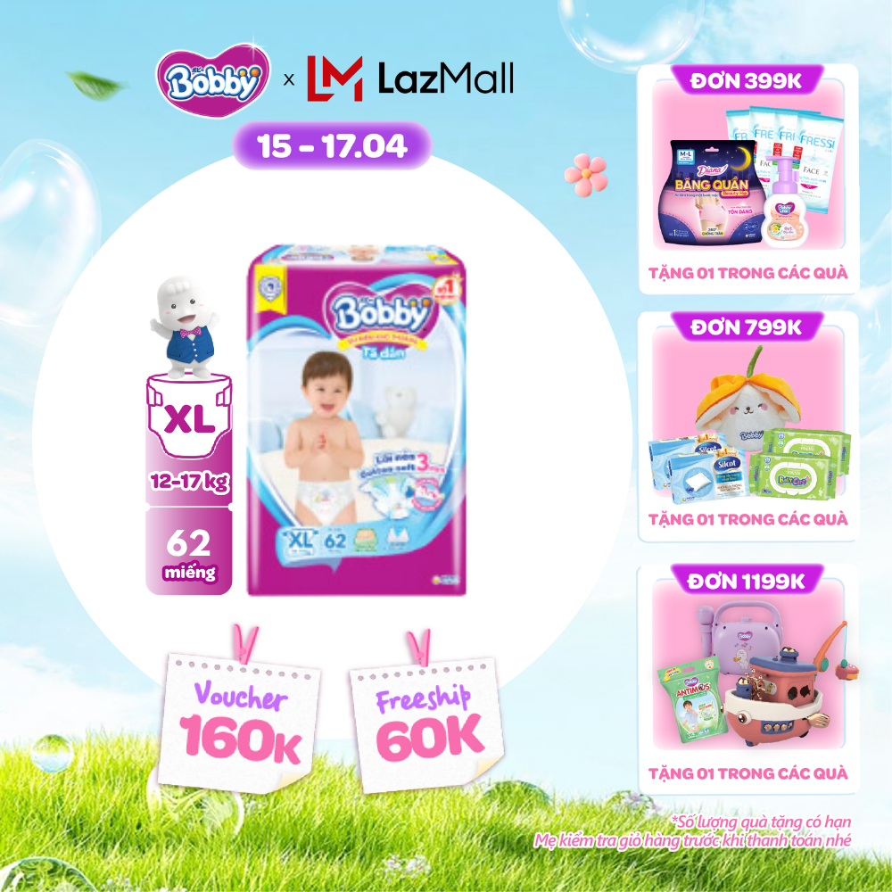 [CHỈ 18-24.04 QT Đơn 899K/1199K]Tã/Bỉm dán Bobby 3mm Ultra Jumbo Gạo non Giảm nhiệt XL62