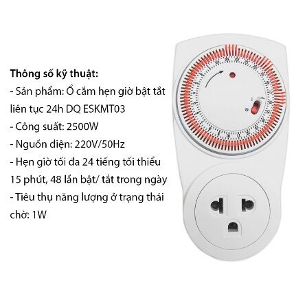 Ổ cắm hẹn giờ Điện Quang ESKMT03 (Điều chỉnh cơ, 1 lỗ - 3 chấu, trắng – đen)