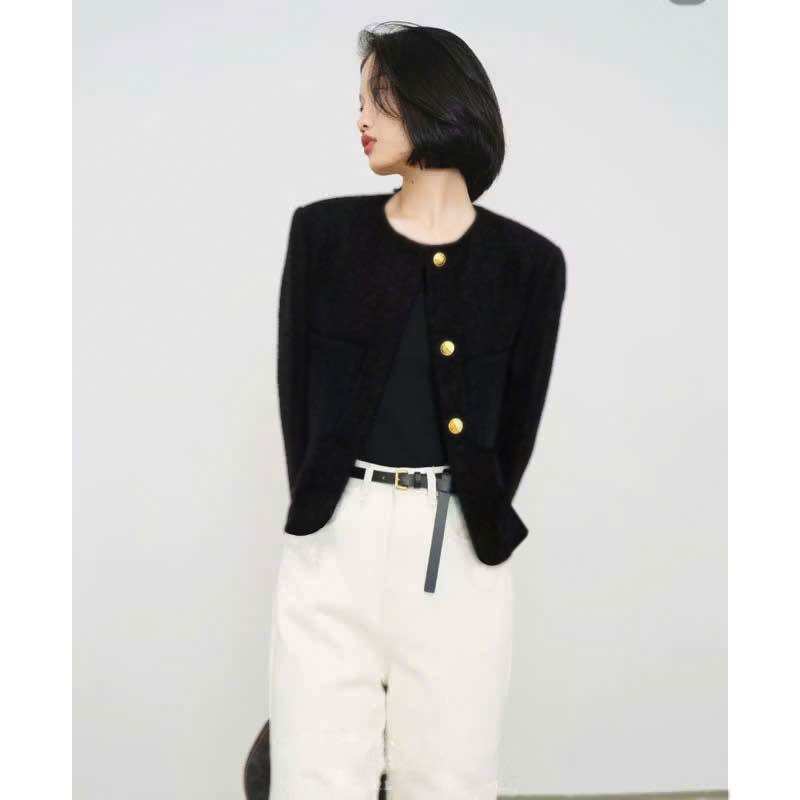Long-Sleeve Round-Necklace Jacket with Stylish Buttons, Korean-Style Round-Necklace Blazer
