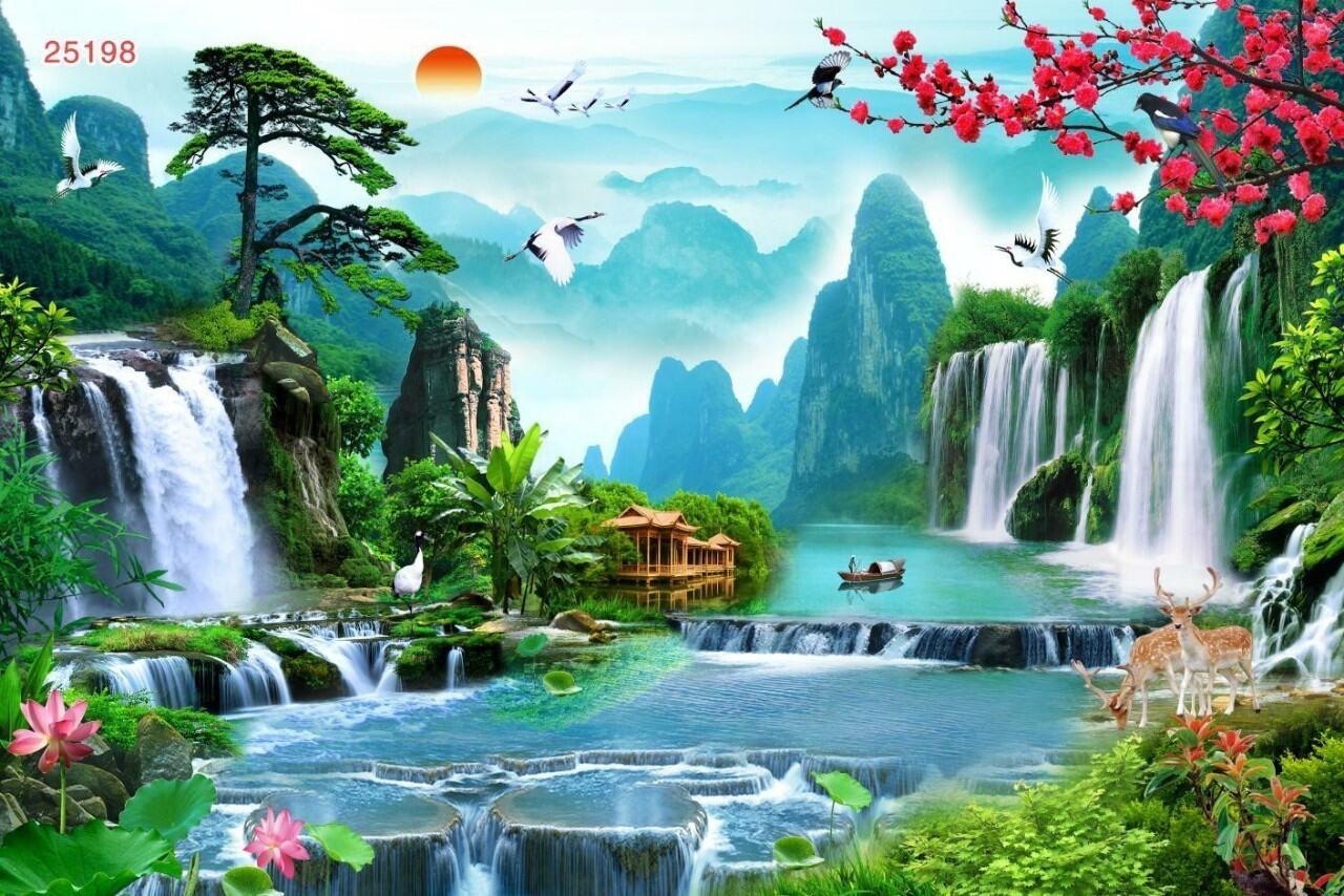 Tranh lụa phong cảnh 3D dán tường phòng ngủ, phòng khách, phòng làm việc. 
