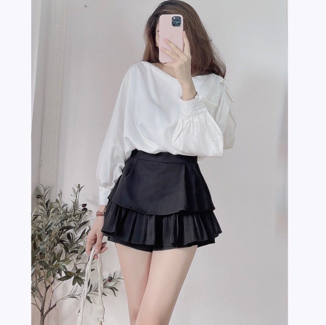 Áo sơ mi nữ thiết kế lệch vai, tay rơi vải lụa mềm