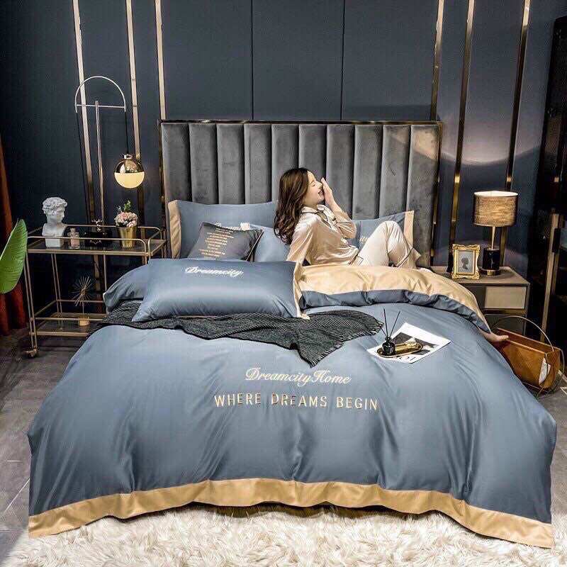 ( TẶNG 01 VỎ GỐI ÔM 50k ) Bộ chăn ga phi lụa DREAM CITY cao cấp