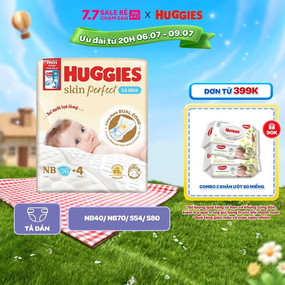 Tã/Bỉm Dán Sơ Sinh Huggies Skin Perfect NB/S với 2 Vùng Thấm Giảm Kích Ứng Da
