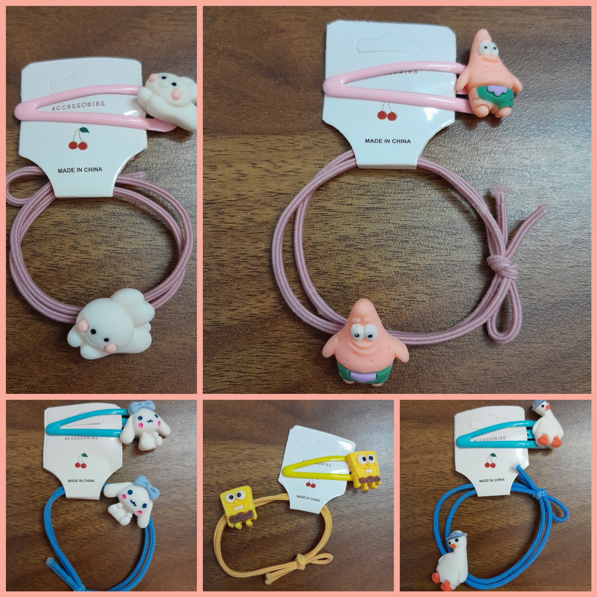 Set 2 kẹp tóc và dây cột tóc nữ đính charm hoạt hình dễ thương