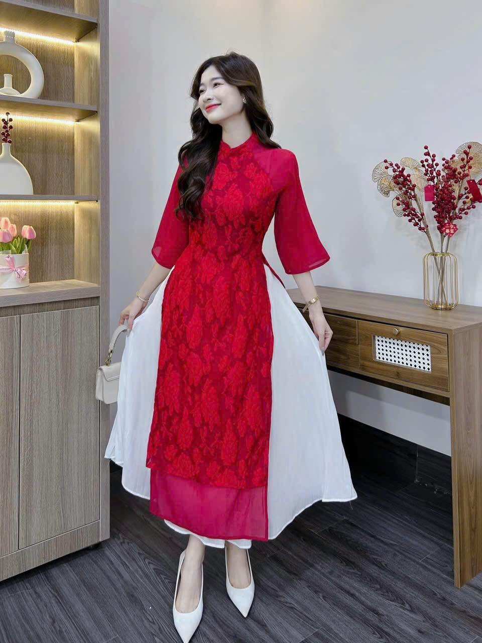 (SHOP TÁO ĐỎ BIGSIZE 50KG ĐẾN 90KG) set áo dài tay lửng gấm hoa phối váy