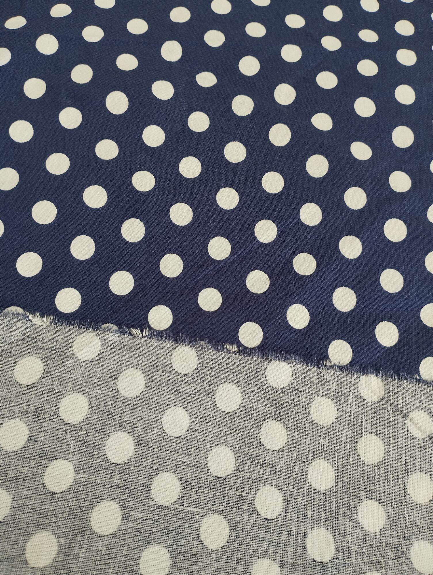 Vải linen cotton nền xanh dương bi trắng -1cm - hàng đã wash. khổ vải 1.4m