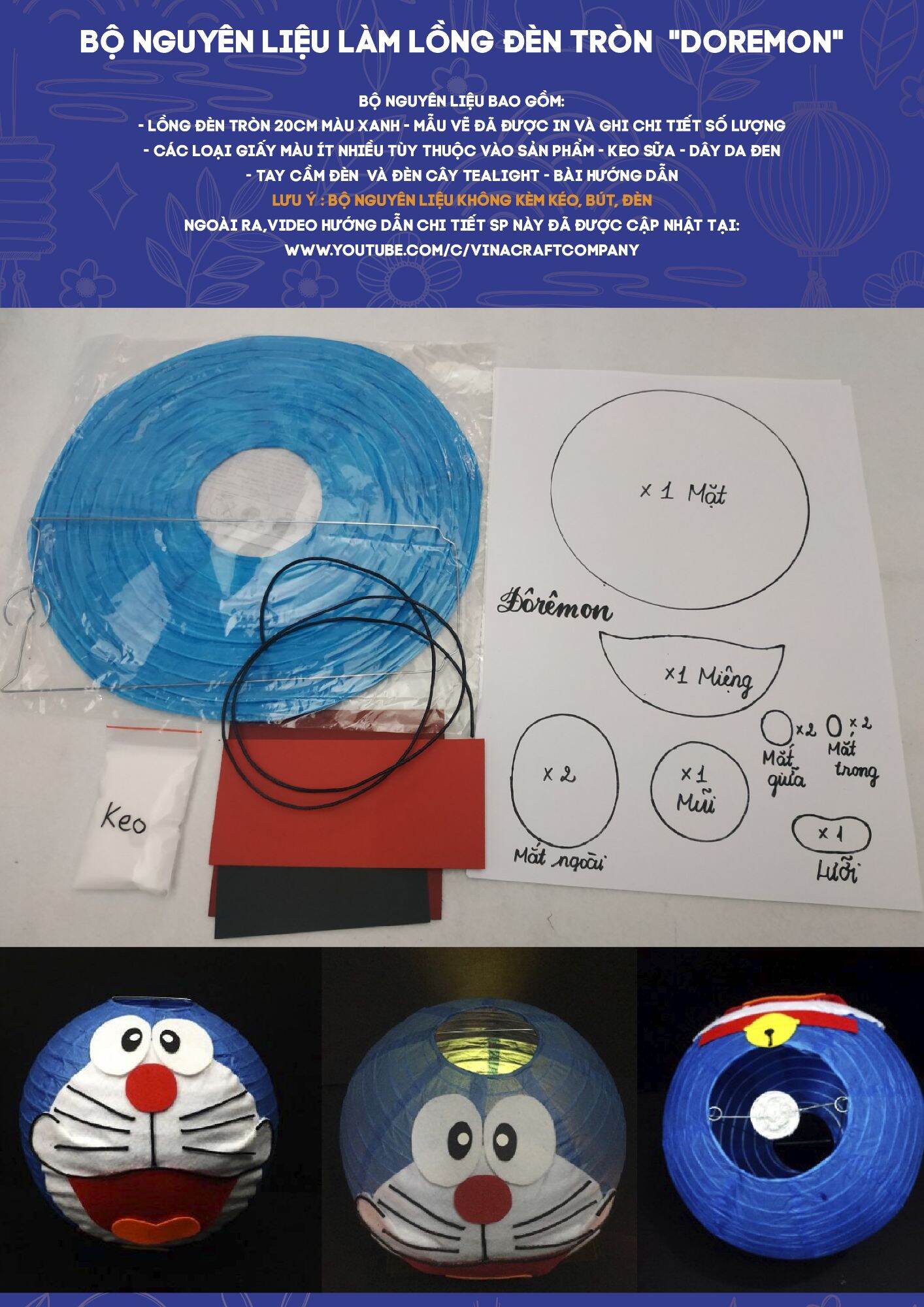 Kit lồng đèn giấy tròn Doraemon