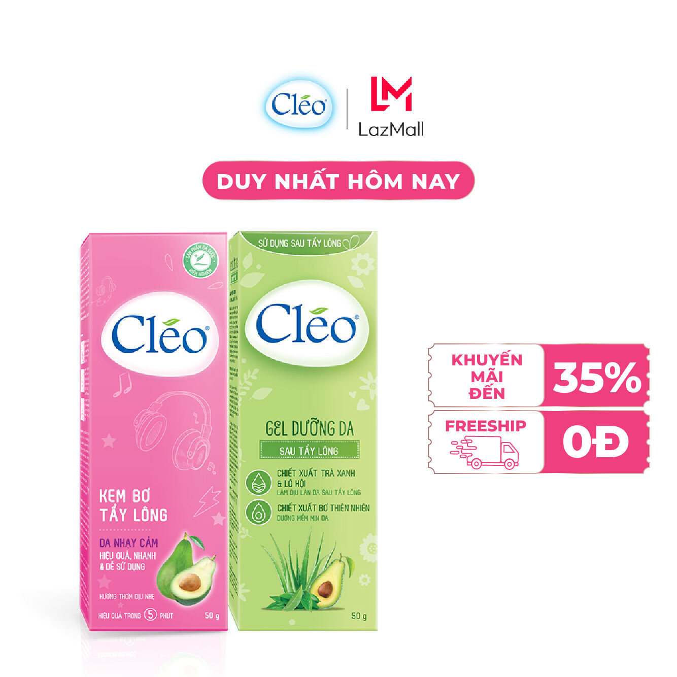 Combo Kem bơ tẩy lông Cléo cho da nhạy cảm 50G & Gel dưỡng sau tẩy 50G-sạch lông sáng mịn, an toàn-không đau-hiệu quả-nhanh trong 5 phút